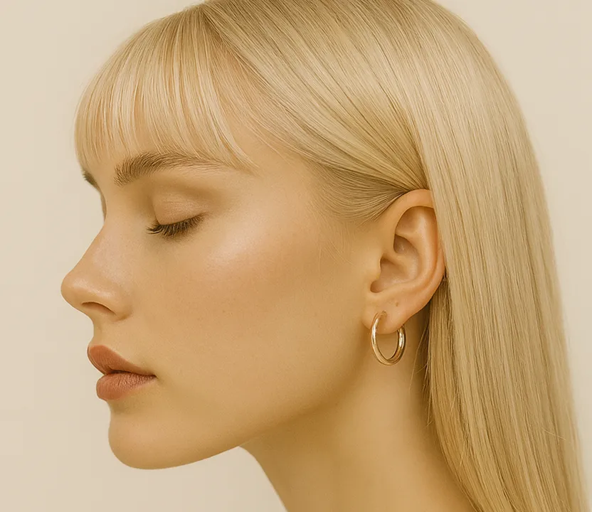 A woman with blonde hair wearing a pair of hoop earrings.