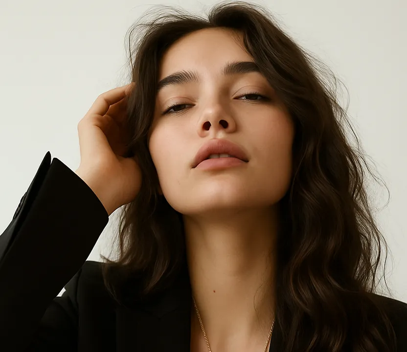 A woman with her eyes closed wearing a black blazer.