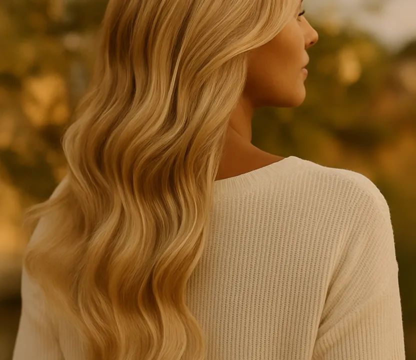 A close up of a woman with long blonde hair.