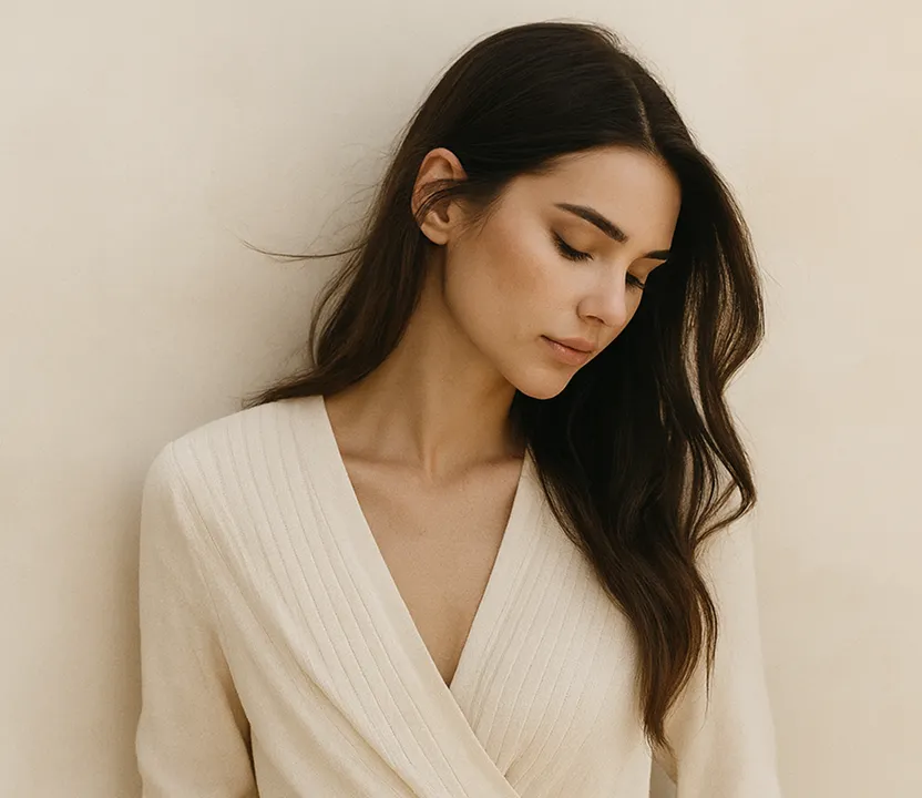 A woman in a white sweater leaning against a wall.