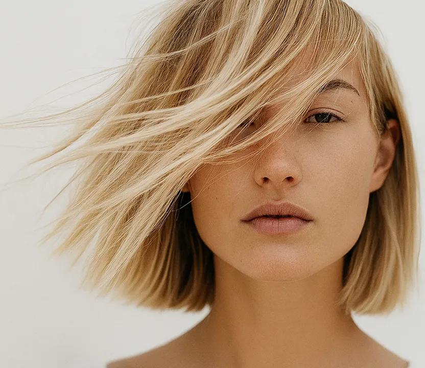 A woman with blonde hair blowing in the wind.