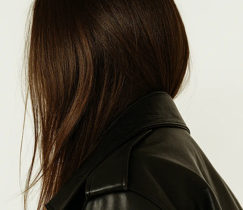 A close up of a woman wearing a black leather jacket.
