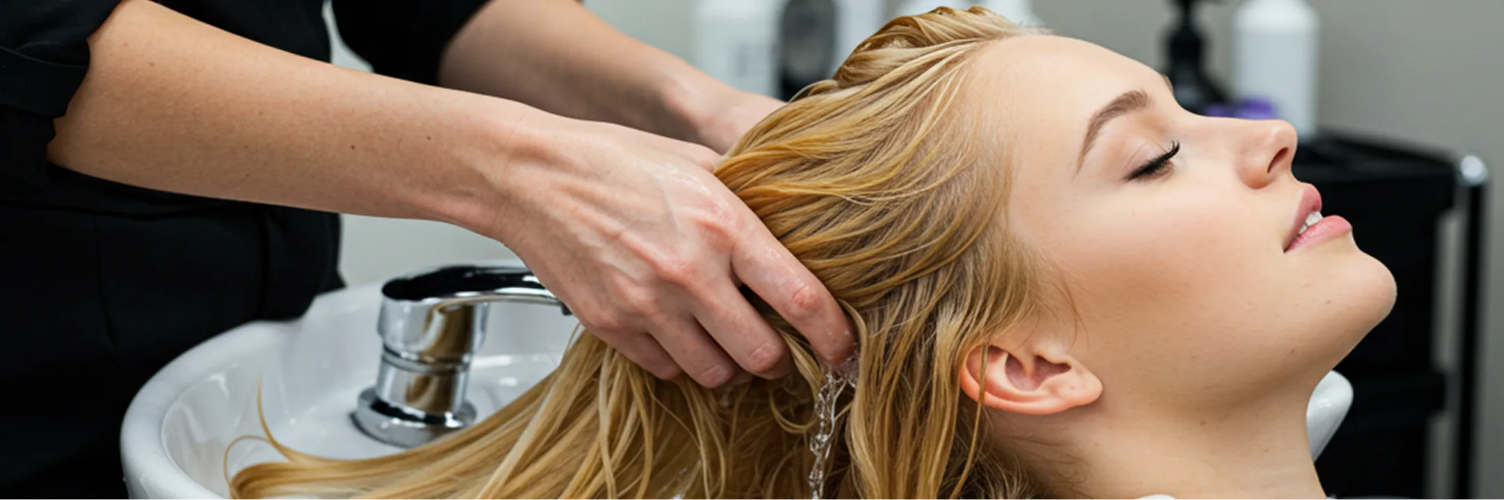 A woman getting her hair washed in a salon.