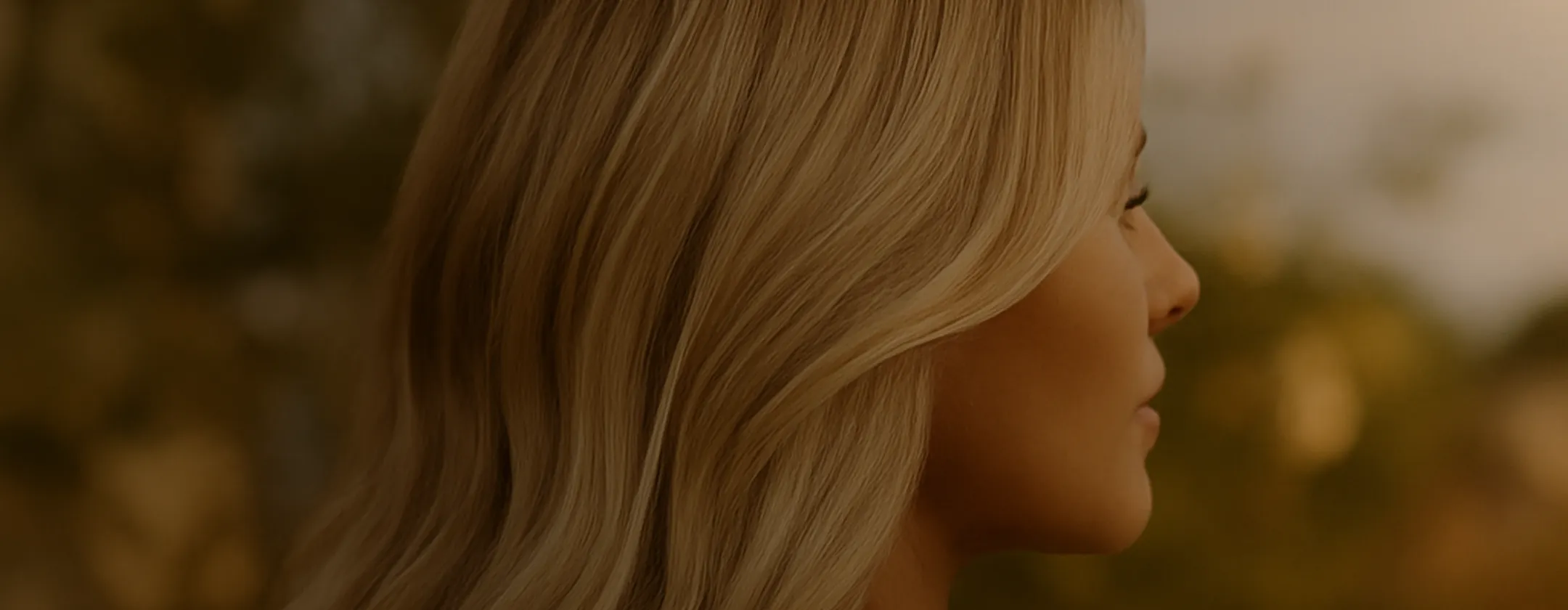 A close up of a woman with long blonde hair.