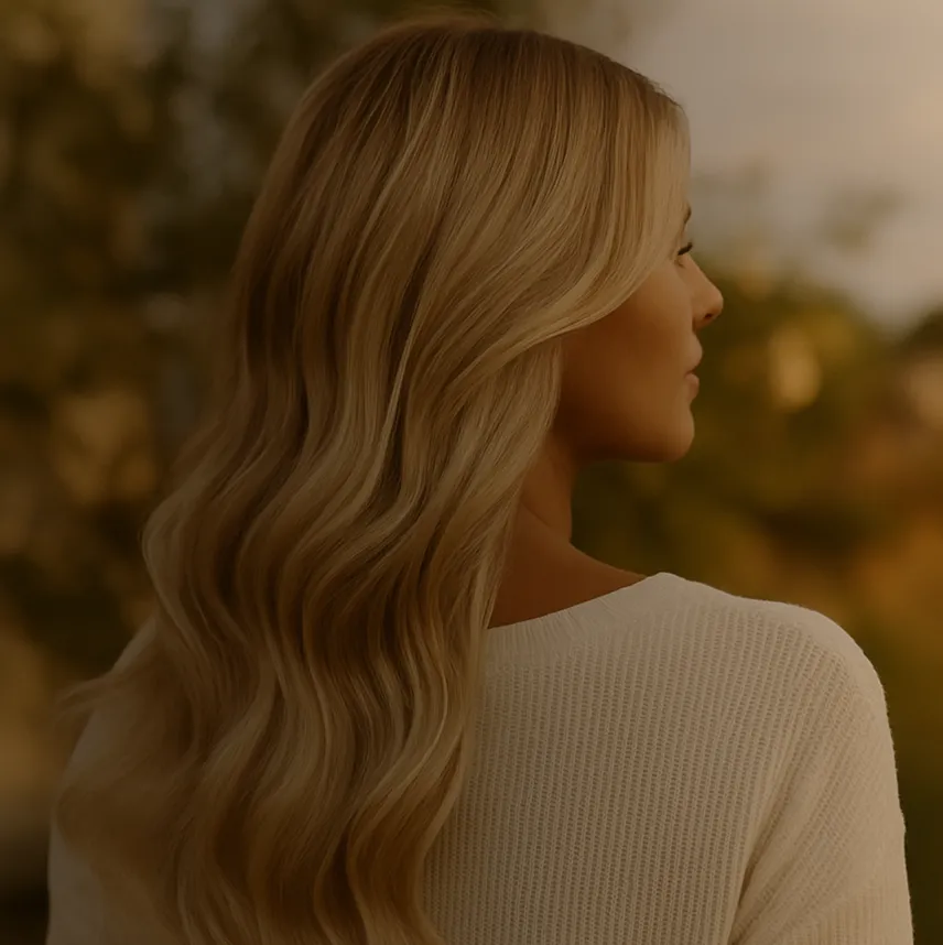 A woman with long blonde hair standing in front of a tree.