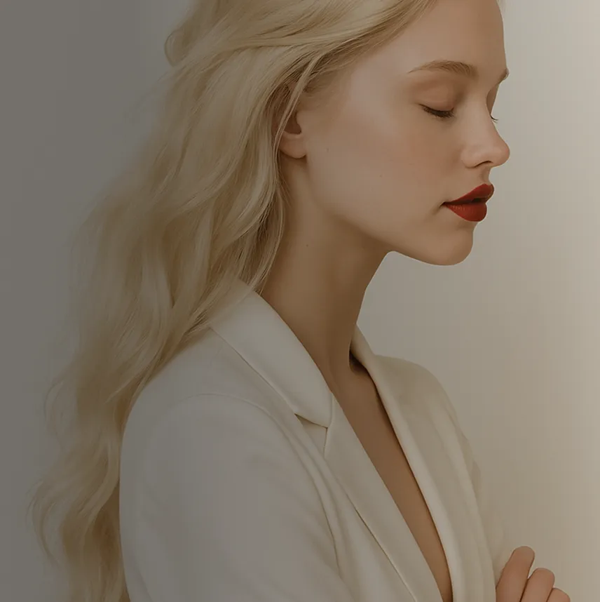 A woman with long blonde hair wearing a white jacket.