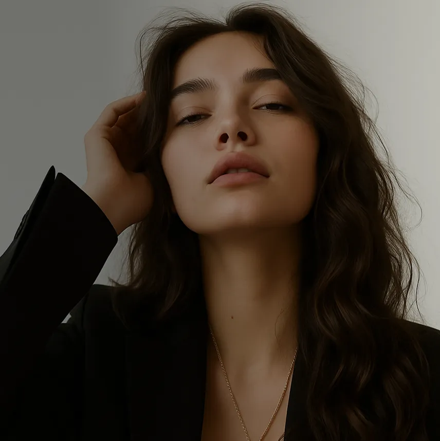 A woman wearing a black blazer and a gold necklace.