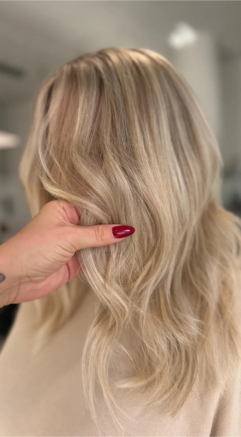 A woman with a red nail polish on her finger.