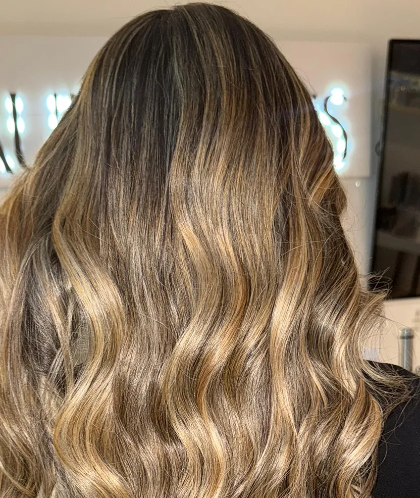 The back of a woman's head with long, wavy hair.