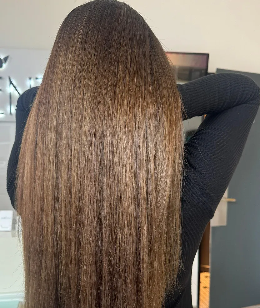 The back of a woman's head with long brown hair.