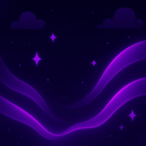 Abstract dark purple background with glowing purple waves, stars, and two cloud silhouettes.