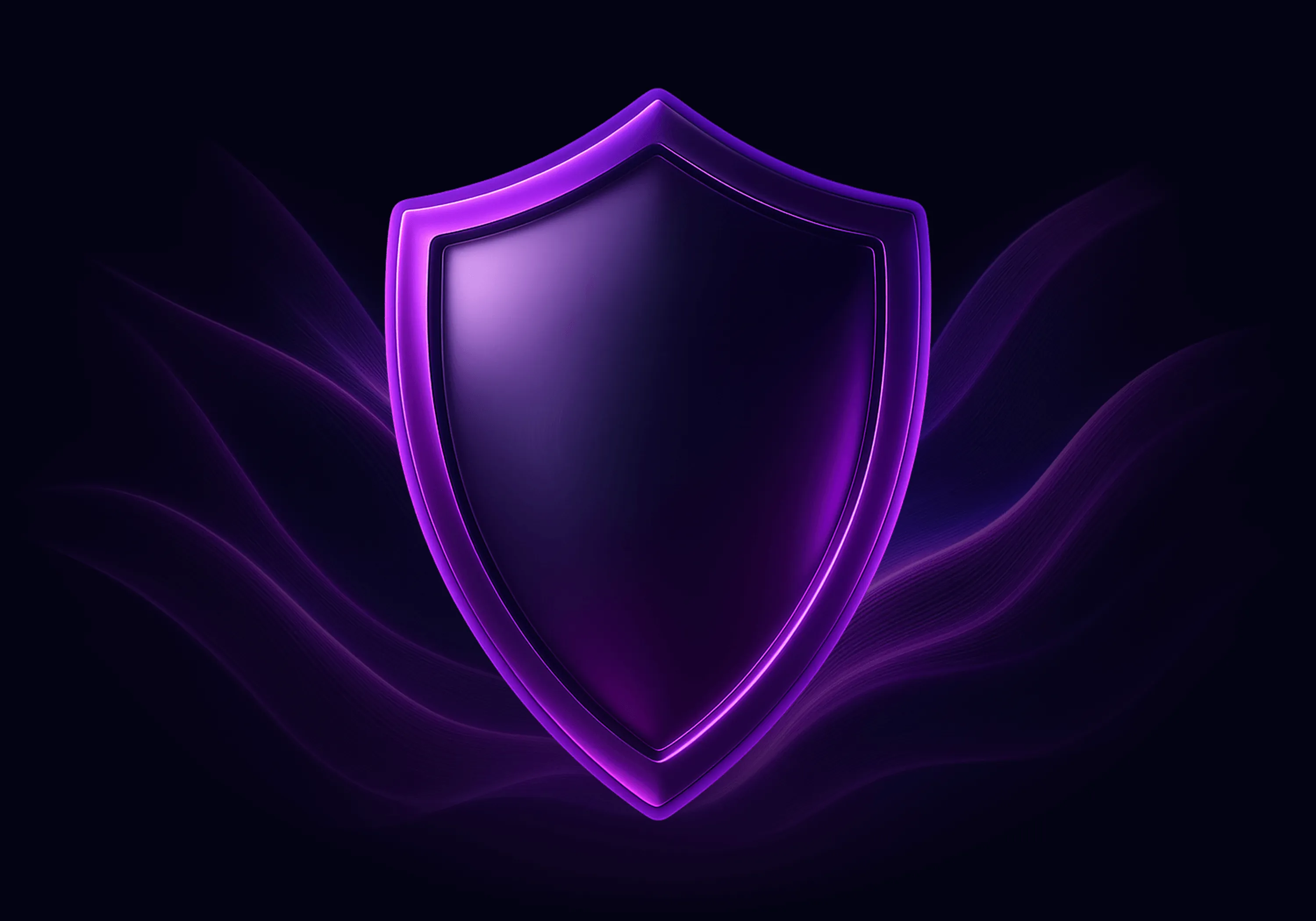Glowing purple shield icon with a smooth gradient and flowing light effects on a dark background.