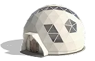 3D render of a Geoship geodesic dome home with white ceramic panels and triangular windows