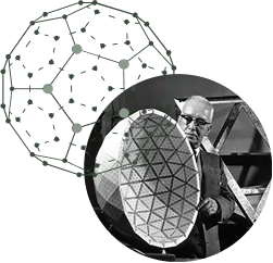 Buckminster Fuller with geodesic dome model, paired with wireframe geodesic sphere illustration
