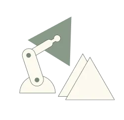 Illustration of robotic arm placing triangular dome panels, representing automated manufacturing