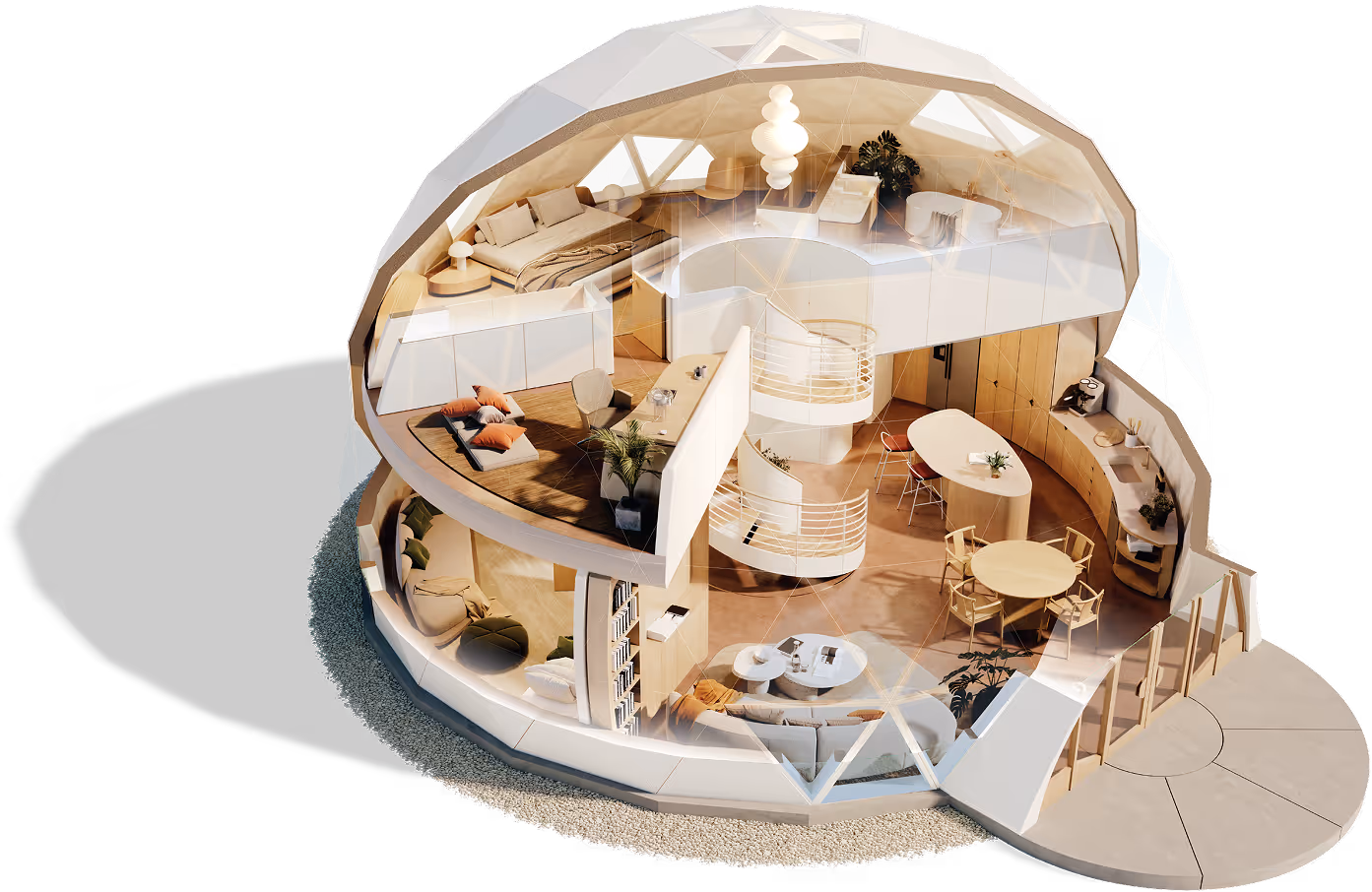 A 3D model of a house with a round room.