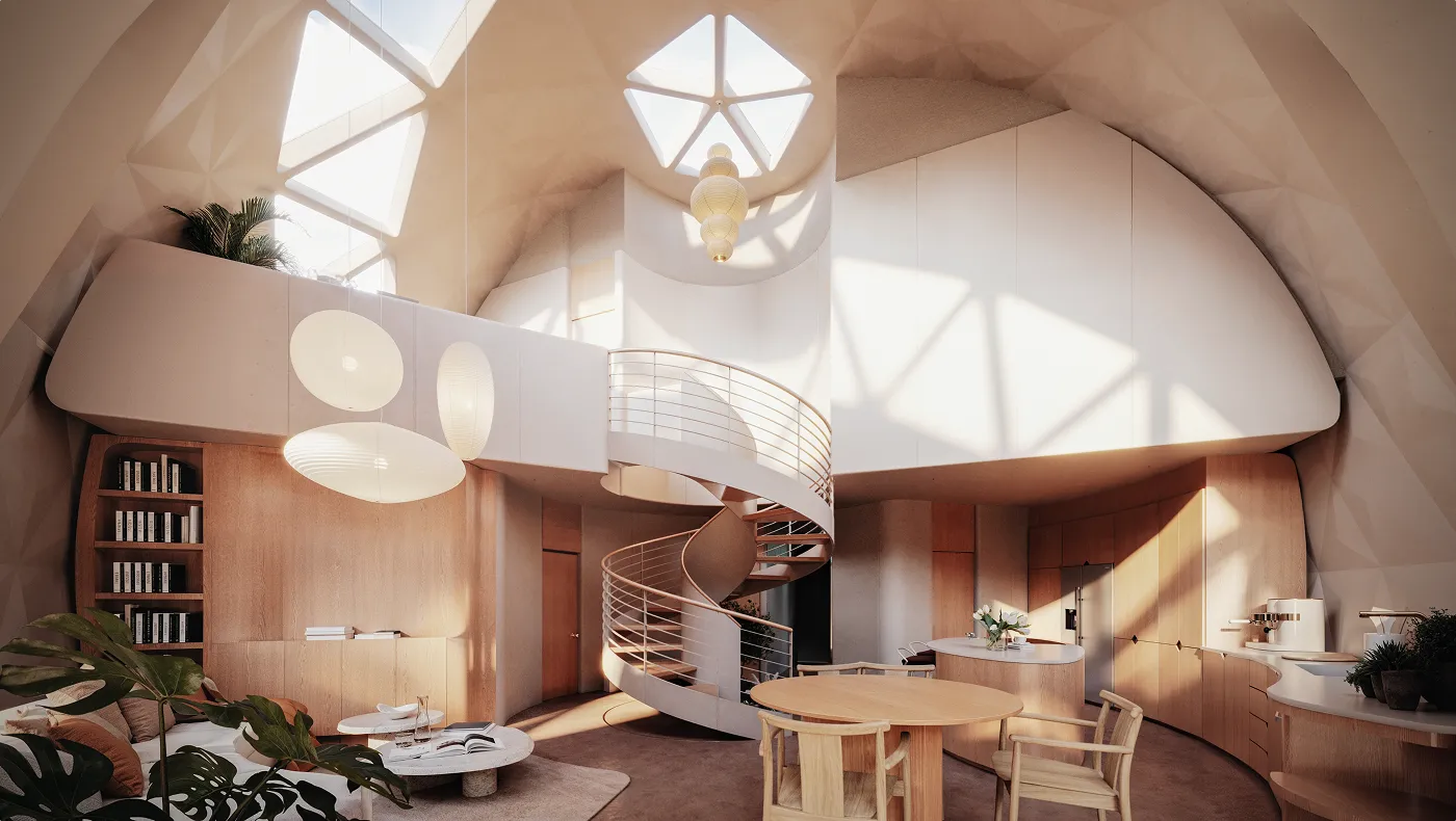 Two-story open floor plan inside a Geoship dome showcasing spiral staircase connecting living spaces with abundant natural light