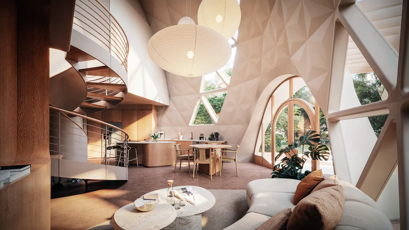 Spacious two-story Geoship dome interior with spiral staircase, living area, kitchen, built-in bookshelf, and dramatic skylights