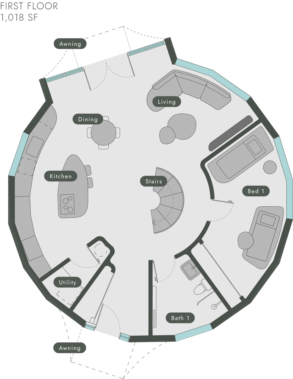 First floor plan of Geoship dome (1,018 SF) showing kitchen, living area, bedroom, bathroom, utility room, and central spiral staircase