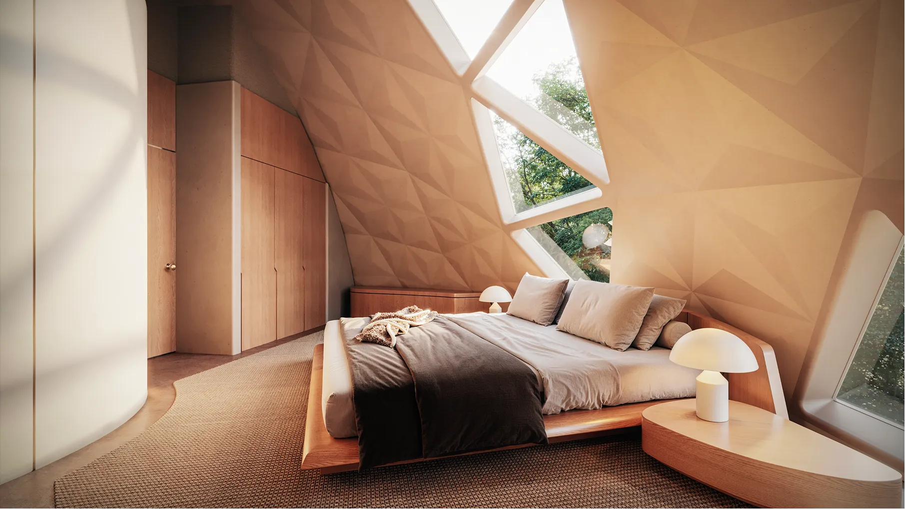 A bedroom with a bed and a lamp.