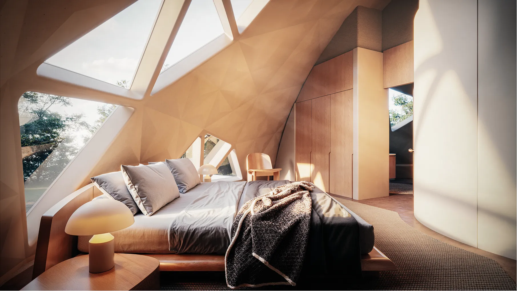 A bed in a room with a wooden headboard and a blanket on it.