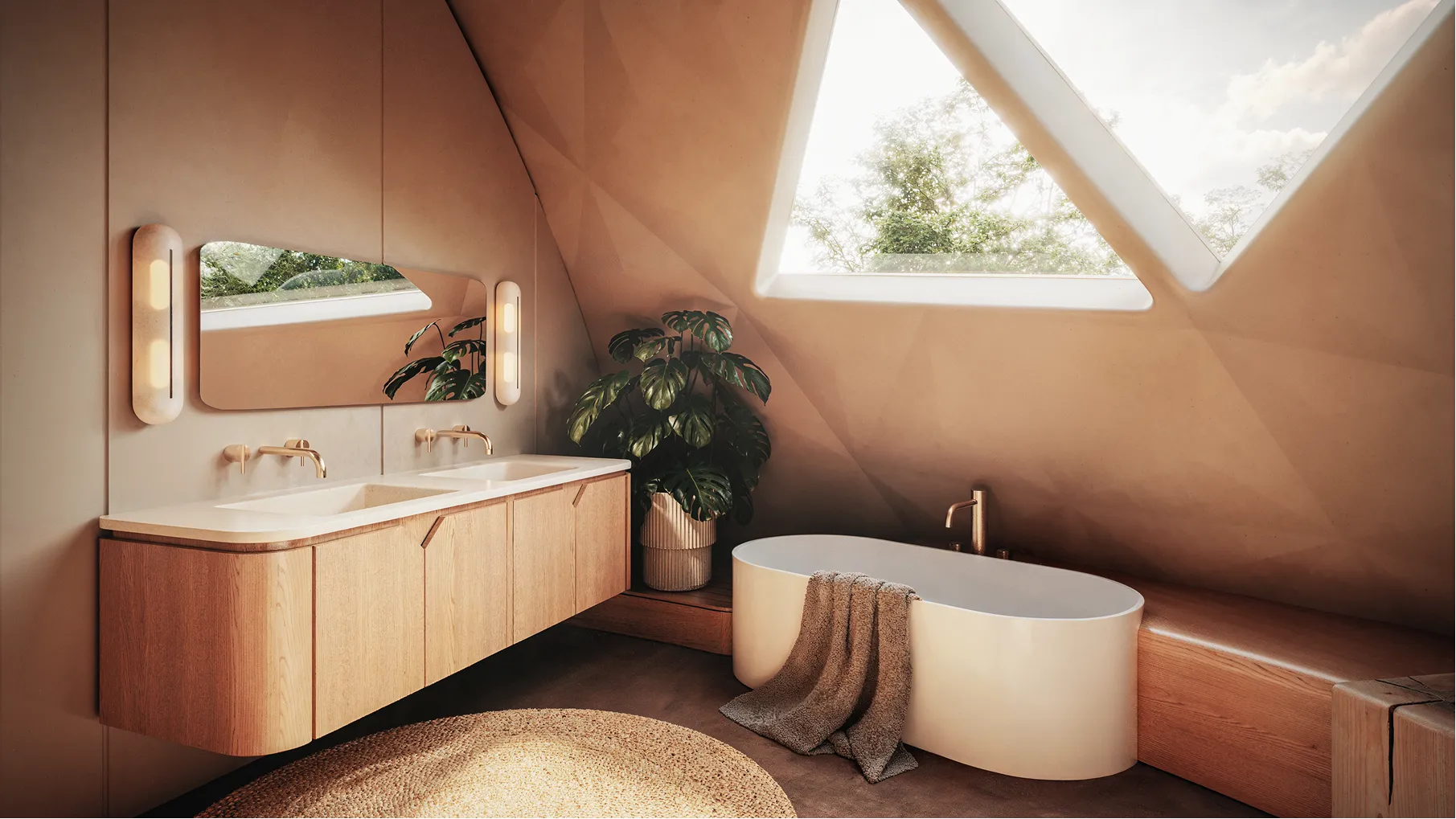 A bathroom with a wooden sink and a large window.