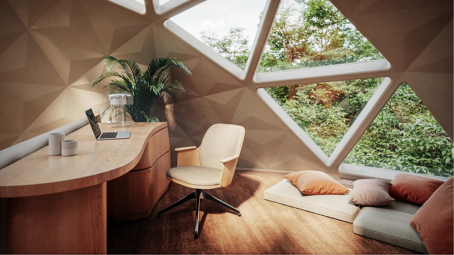 A wooden desk with a laptop on it.