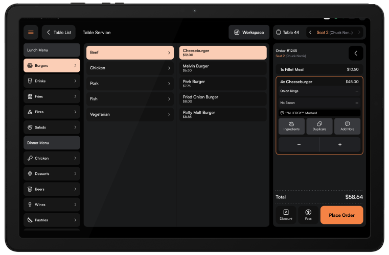 Kaizen POS ordering screen on a Samsung tablet