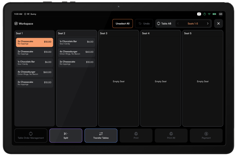 Kaizen POS workspace screen on a Samsung tablet
