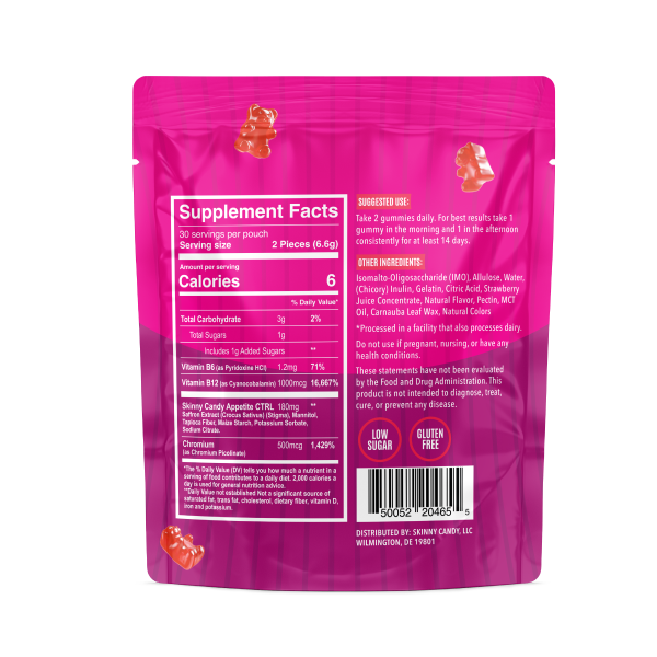 The back of a pink bag of supplements.