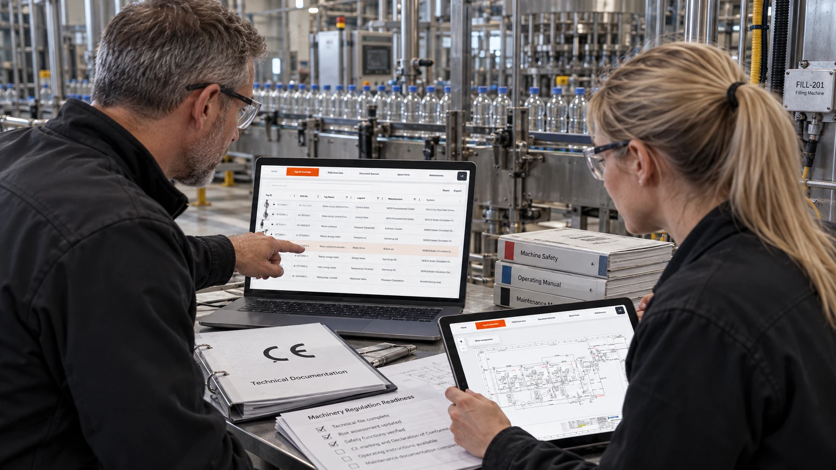 Two people reviewing CE technical documentation and the Ospra platform at a filling line