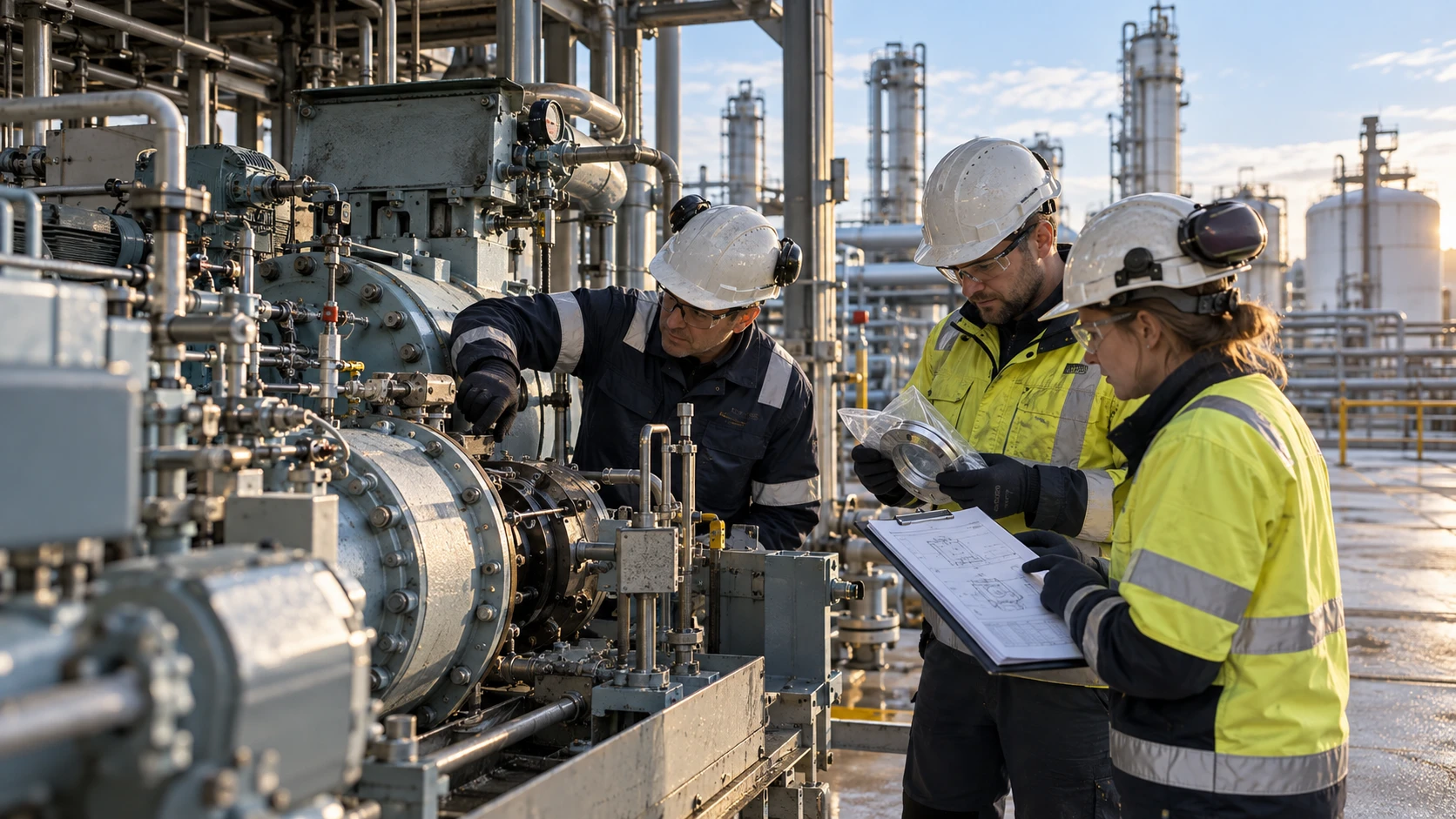 Three engineers checking a seal against a drawing at an industrial gas plant
