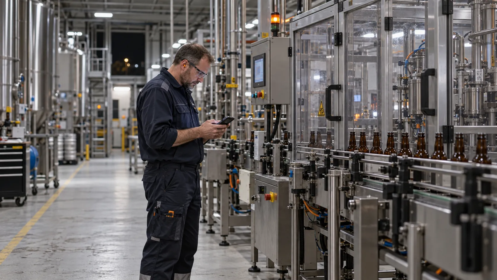 Night-shift technician checking his phone at a brewery filling line