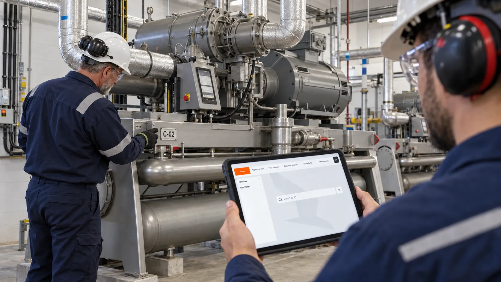 Two technicians at a compressor, one looking up the equipment in the Ospra platform on a tablet