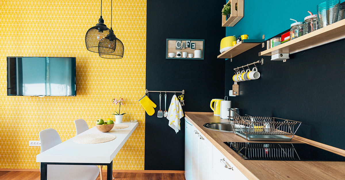 Small kitchen with trendy colors and decorations