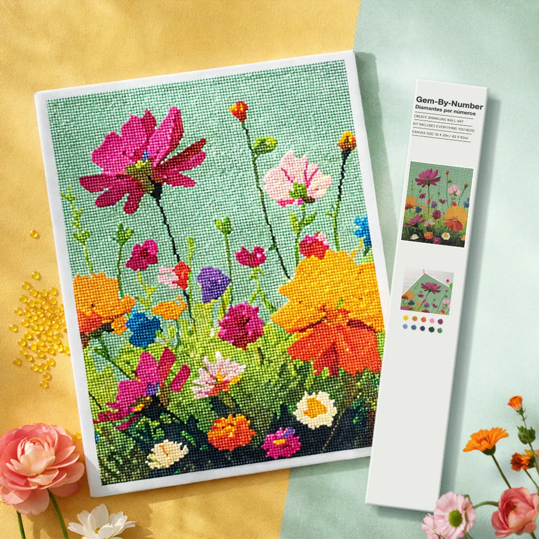 Squared canvas craft kit featuring colorful wildflowers for Gem-By-Number art project.