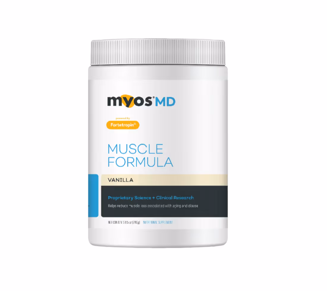 MYOS MD Muscle Formula is an all-natural supplement that helps reduce muscle loss associated with aging, disuse, and medical treatment. MYOS MD is powered by the proprietary ingredient, Fortetropin®, a unique bioactive composition derived from raw, fertile chicken egg yolk – clinically shown to help lower myostatin, down-regulate the ubiquitin pathway, and increase the rate of muscle protein synthesis in older adults.
