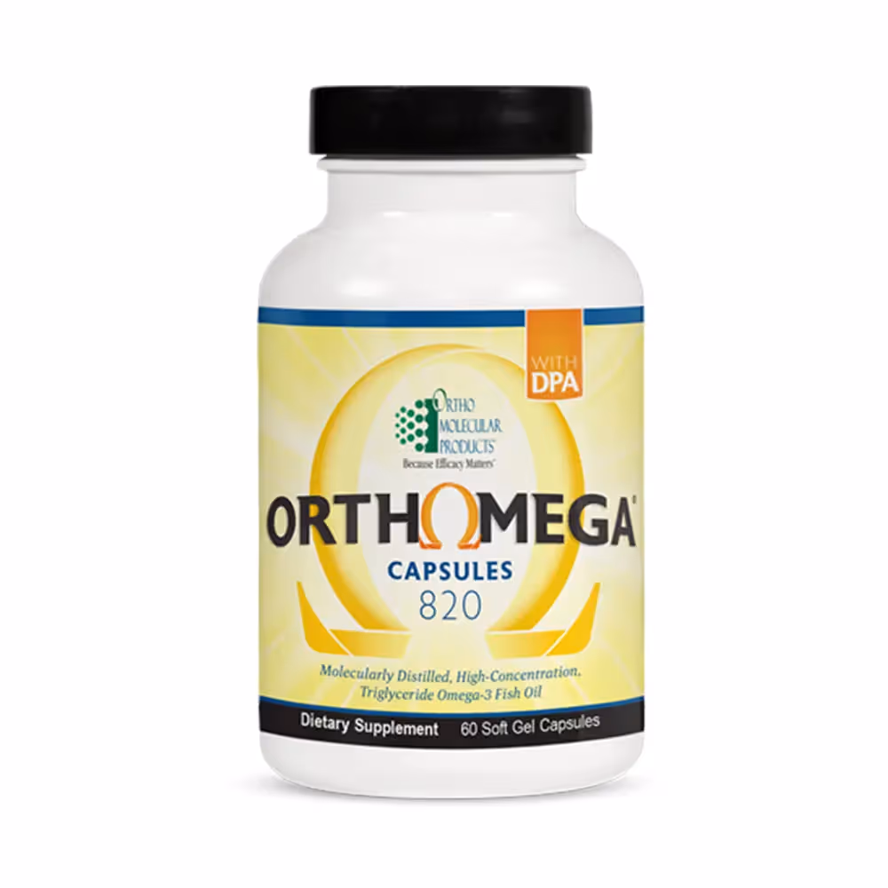 Orthomega® 820 provides 820 mg of eicosapentaenoic acid (EPA) and docosahexaenoic acid (DHA) as well as 50 mg of docosapentaemoic acid (DPA) per soft gel as re-esterified triglycerides, the preferred form with superior absorption. Vitamin E (as mixed tocopherols) and rosemary extract are used to ensure maximum purity and freshness.