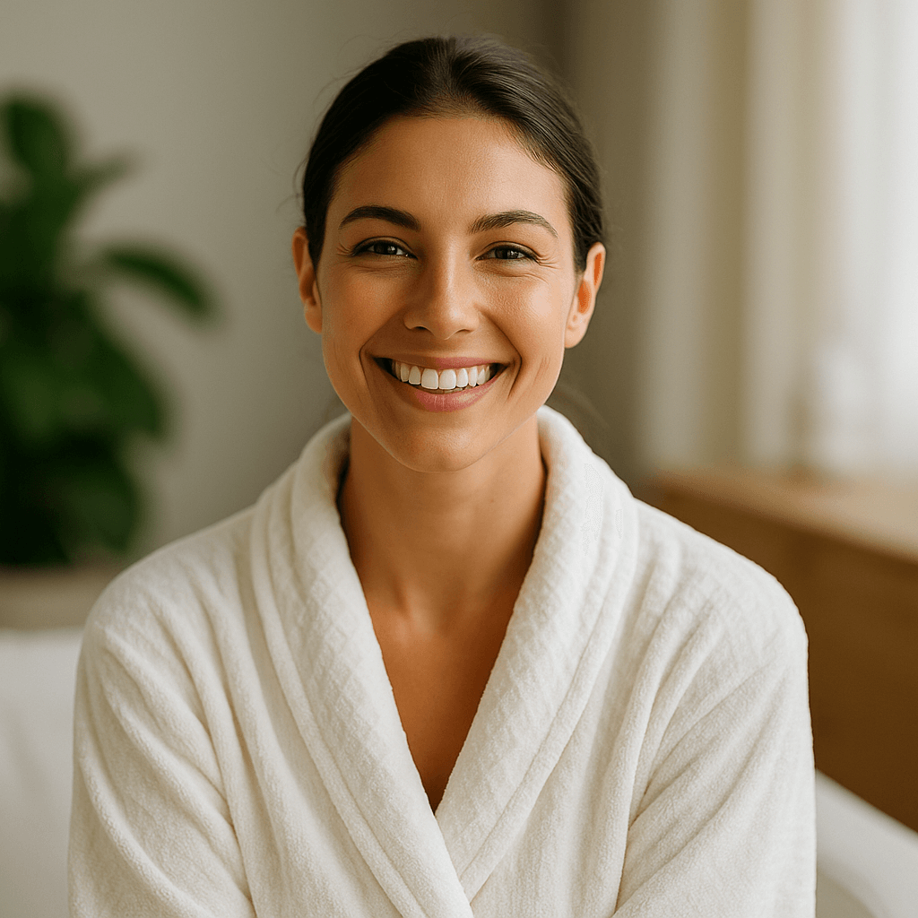Happy woman with glowing skin in a modern medspa treatment room, showcasing aesthetic clinic and dermal filler services in Southlake and Dallas, TX.