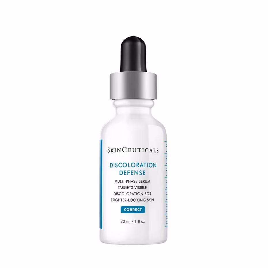 Brighten and balance your skin tone with SkinCeuticals Discoloration Defense, a dark spot corrector that reduces the appearance of hyperpigmentation caused by sun exposure, medical procedures or acne. Formulated with 3% Tranexamic Acid, 1% Kojic Acid, 5% Niacinamide, and 5% HEPES, the treatment targets stubborn brown patches and post-inflammatory discolouration to even the skin tone and help to minimise the appearance of future marks with continued use. In as little as two weeks, the complexion will be unified, radiant and visibly healthier-looking. Suitable for all skin types. Free from parabens, silicones, fragrances, gluten and hydroquinone. Due to the concentration of Kojic acid in this formula, a shift in color is expected. This could lead to a light brown or amber color, but the formula remains effective.