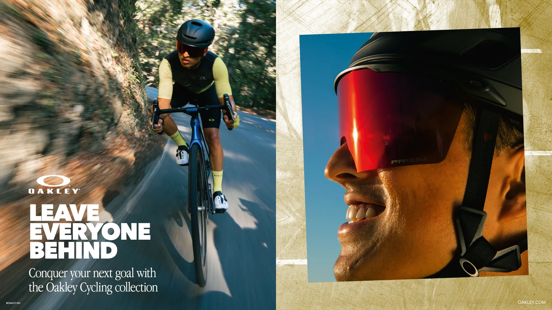 Cyclist in yellow and black racing on forest road wearing Oakley gear