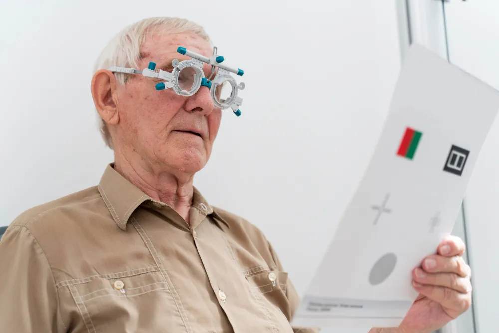 Older patient wearing trial frame during eye exam with vision chart