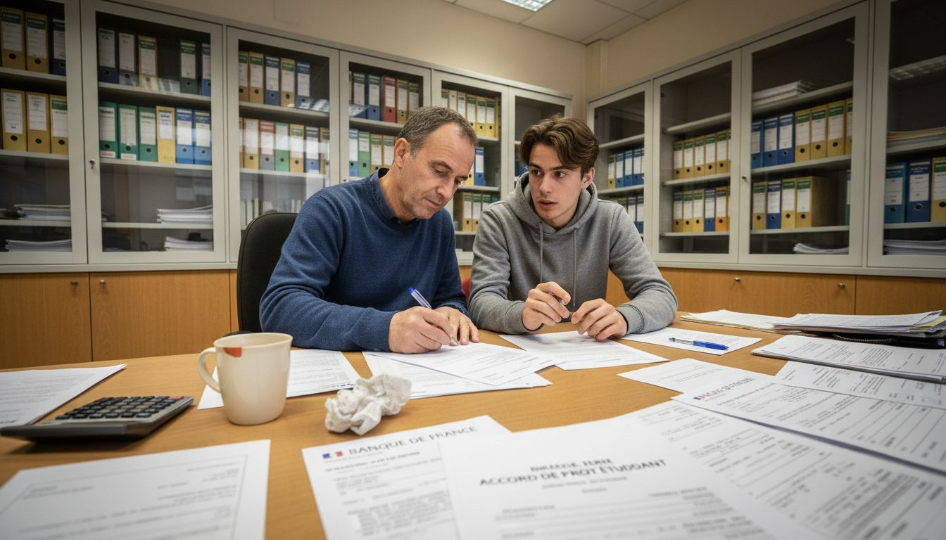 Un parent en train de signer un acte de caution au guichet de la banque.