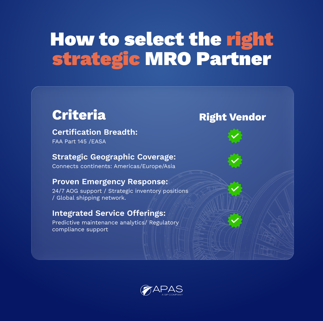 the right mro partner: certification FAA Part 145 and EASA, geographic coverage, 24-7 AOG, Integrated service offering