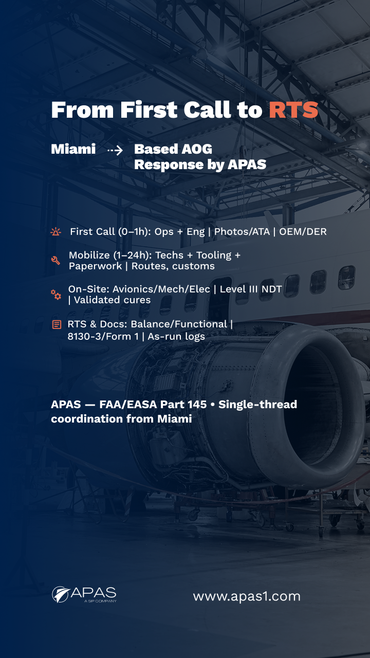 Four-step AOG pathway from APAS Miami leading to audit-ready RTS