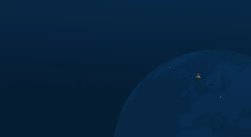 Dark blue globe focusing on Europe with a golden paper airplane and dotted flight path.