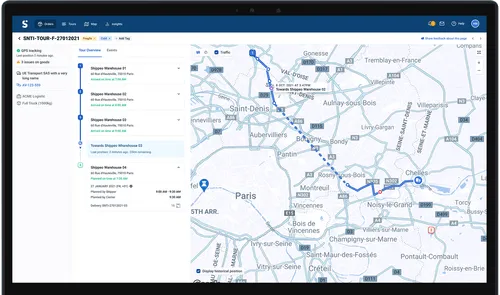 Dashboard showing a delivery route map across Paris with stops at Shippeo Warehouses 01 to 04, including planned and actual arrival times.