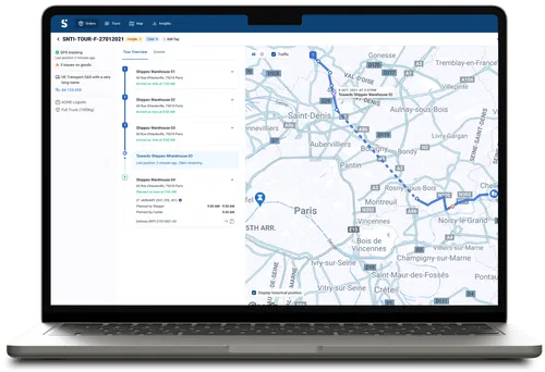 Laptop screen showing a logistics dashboard with a delivery route map centered on Paris and a list of scheduled stops at Shippeo Warehouses with timestamps and status updates.