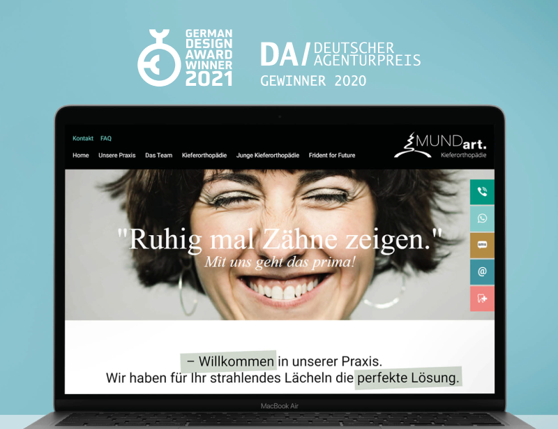 Laptop screen showing a German orthodontics website with a smiling woman's close-up, awards for German Design Award 2021 and Deutscher Agenturpreis 2020 at the top.