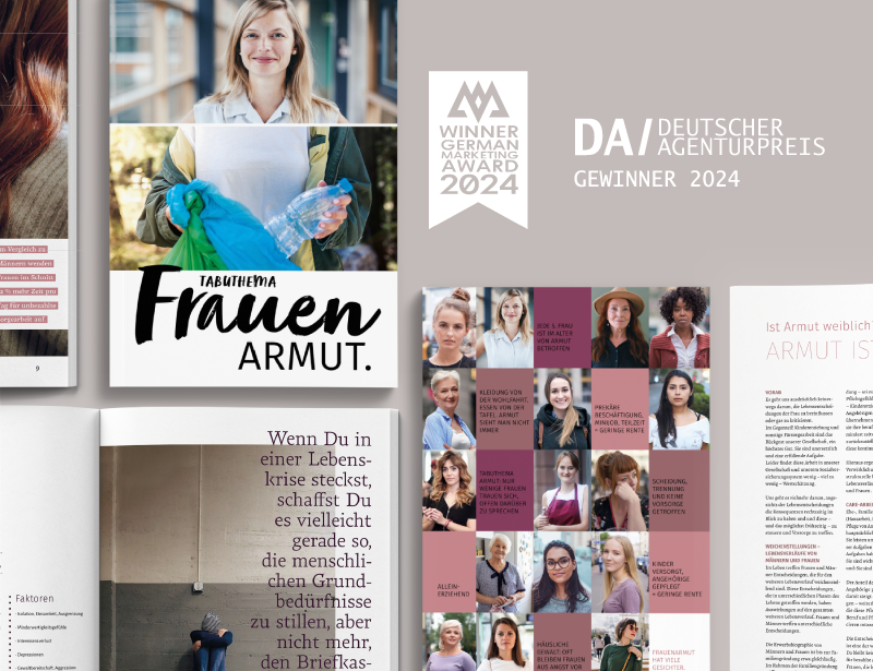 Collage featuring the German Marketing Award 2024 winner banner, titled 'Frauen Armut' with photos of women and text highlighting women's poverty and challenges in German.